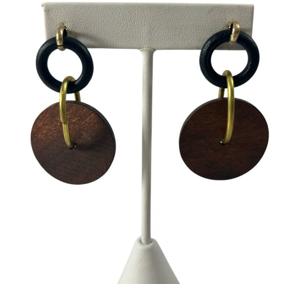 Boho Wood Dangle Earrings Black Hoop Gold Tone Drop Statement Ethnic Jewelry - Picture 1 of 6